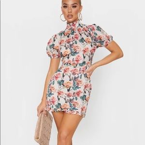 Rose Print High Neck Short Sleeve Bodycon Dress